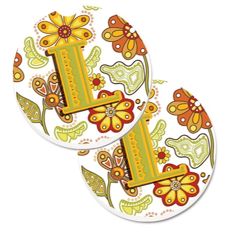 Carolines Treasures Letter L Floral Mustard and Green Set of 2 Cup Holder Car Coaster CJ2003-LCARC